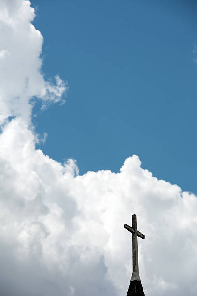 istock Church steeple with cross with summer clouds  Copy space 481033326