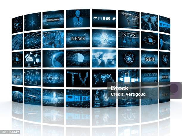 Forty Television Screens With Mediarelated Images Stock Photo - Download Image Now - Wall - Building Feature, Computer Monitor, Curve