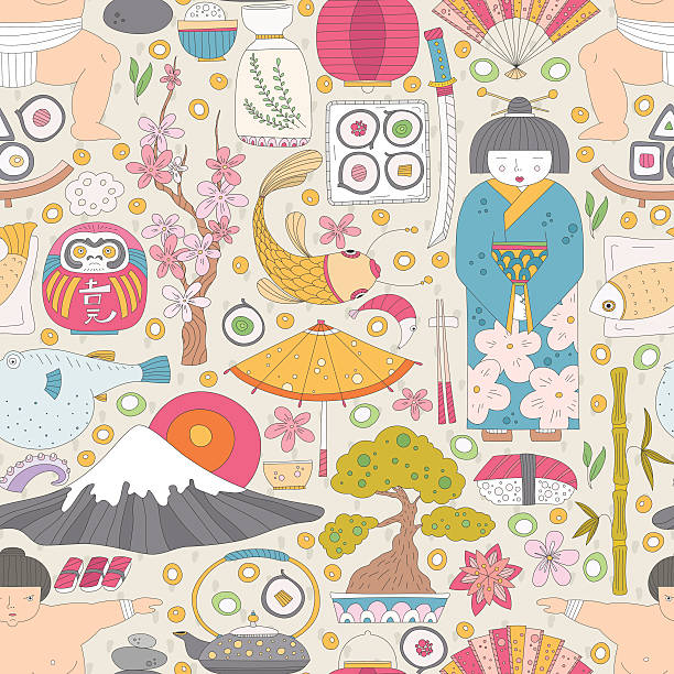 ilustraciones, imágenes clip art, dibujos animados e iconos de stock de patrón sin costuras japonés - sushi cartoon food wallpaper pattern