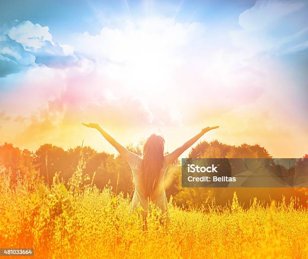 Happy Girl Enjoying The Happiness On Sunny Meadow Stock Photo - Download Image Now - 2015, Adult, Agricultural Field