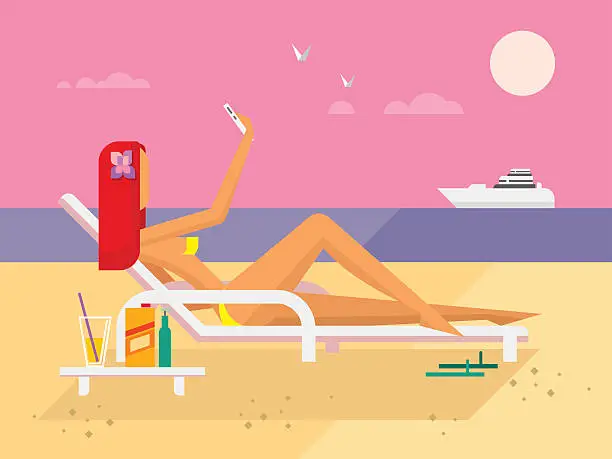 Vector illustration of Sunbathing Girl on the Beach Doing Selfie