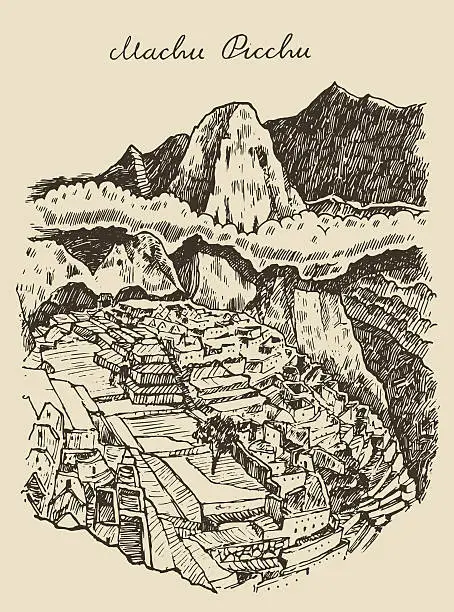 Vector illustration of Machu picchu landscape Peru hand drawn sketch