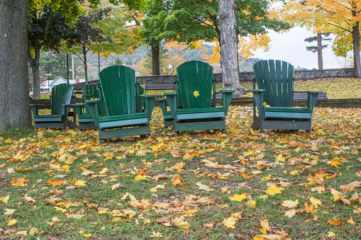 Empty green chairs at the park surrounded with Autumn leafs and no people around, it is a rainy day and wet ground