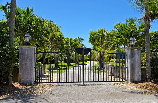 black wrought gate to property with garden and palm tree lined driveway in background