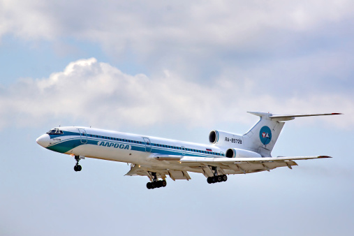 Novyy Urengoy, Russia - July 13, 2013: Alrosa Tupolev Tu-154M arrives at the Novyy Urengoy International Airport.