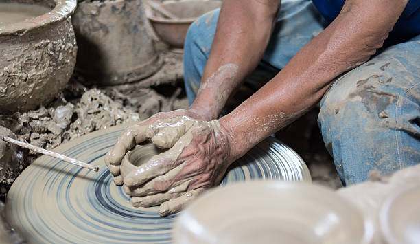 istock Pottery craft wheel ceramic clay potter human hand 481044266