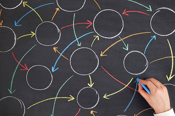 istock Businessman Connecting Circles with Colorful Arrows on Blackboard 481044730