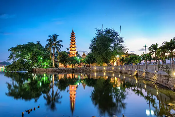 The Trấn Quốc Pagoda in Hanoi is the oldest pagoda in the city, originally constructed in the sixth century during the reign of Emperor Lý Nam Đế (from 544 until 548), thus giving it an age of more than 1,450 years.