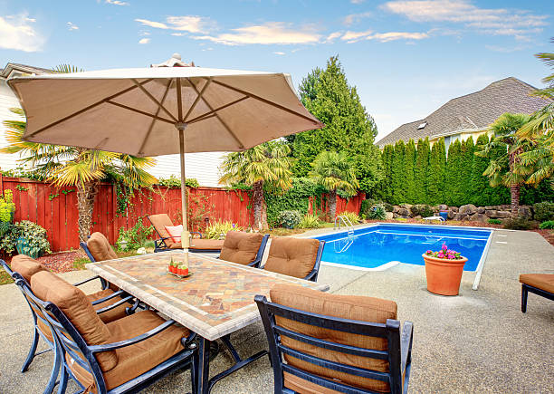 istock Luxurious northwet home with pool and covered seating area. 481049104