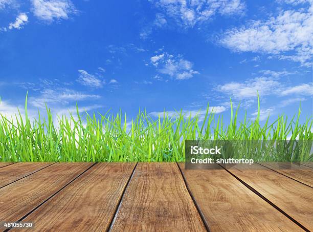 Bright Spring With Green Grass And Sky Background With Wooden Floor Stock Photo - Download Image Now