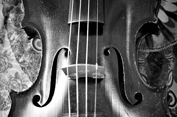 Antique violin closeup against pattern, monochrome Black and white closeup of violin against an intricate pattern.Violin is an antique from the early 1800's in a dark stain (original finish). violin f hole stock pictures, royalty-free photos & images