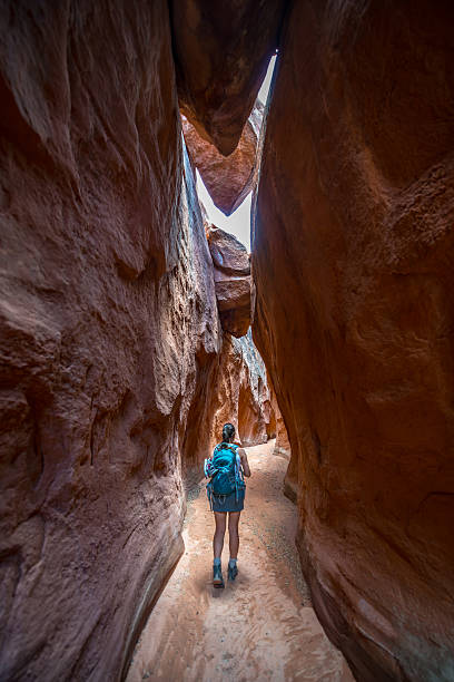 Hiker Backpacker Brimstone Gulch Dry Fork Narrows of Coyote Dry Fork Narrows of Coyote Gulch grand staircase escalante national monument stock pictures, royalty-free photos & images
