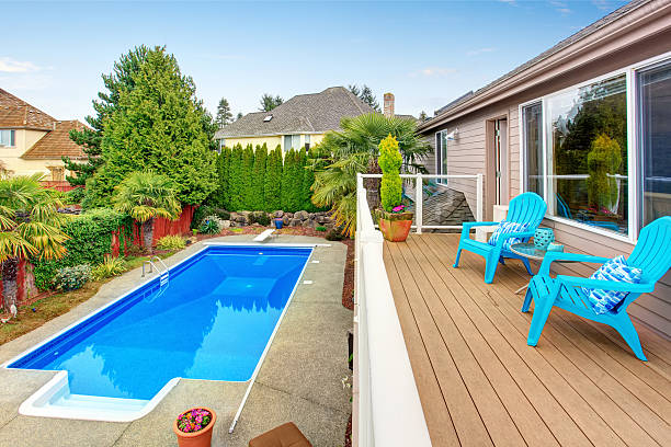 istock Luxurious northwet home with pool and covered seating area. 481063900