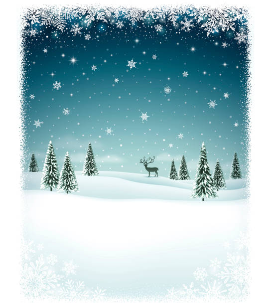 ilustraciones, imágenes clip art, dibujos animados e iconos de stock de paisaje de invierno cubierto de nieve con árboles - christmas snow frame backgrounds