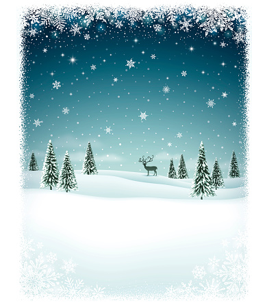 Holiday scene with snow covered trees, deer and snowflakes.EPS 10 file with transparencies.Blends and blur effect used.File is layered with global colors.More works like this linked below.