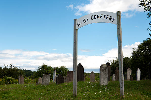 Shallow DOF show of a headstone in a cemetery, featuring the word \