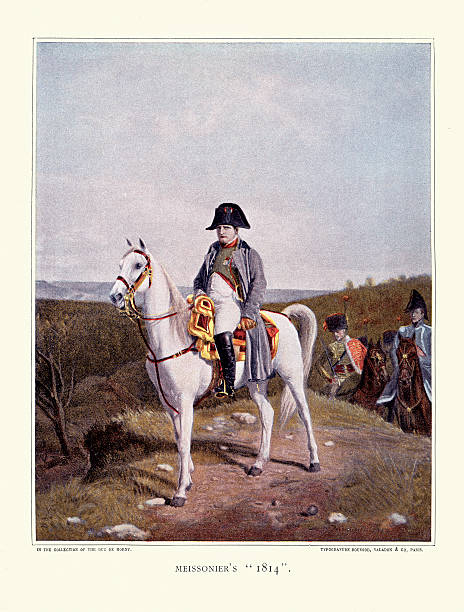 Napoleon Bonaparte on Horseback 1814 Vintage colour print of Napoleon Bonaparte on Horseback 1814, by Jean-Louis-Ernest Meissonier. 1814 stock illustrations