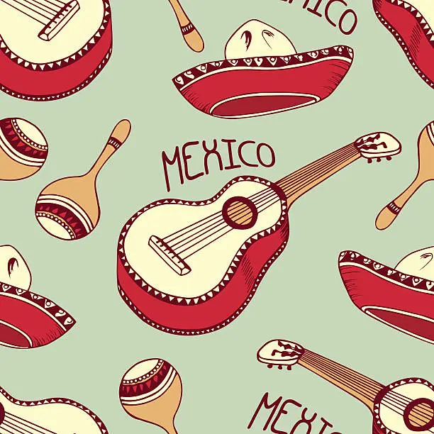 Vector illustration of Hand drawn mexican seamless pattern with sombrero, guitar, maracas