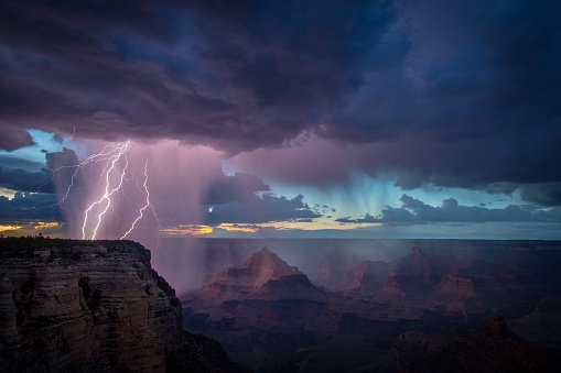 Lightning strike at sunset in Grand Canyon 