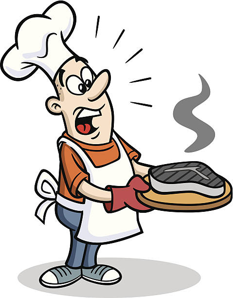 illustrations, cliparts, dessins animés et icônes de chef avec un steak brûlé - cooking fail