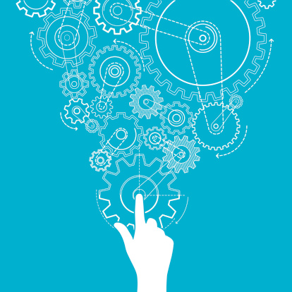 Gears with hand on a blue background. All design elements are layered and grouped. Included files; Aics3 and Hi-res jpg.