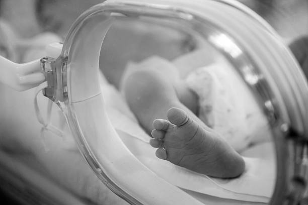 новорожденный ребенок ноги в инкубаторе, черный и белый - human foot baby black and white newborn стоковые фото и изображения