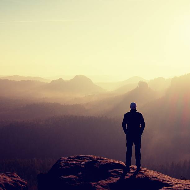 istock Slim tourist on sharp peak in nice rock empires park 481073630
