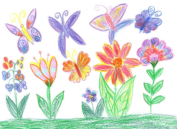 istock Child drawing butterfly and flowers nature 481074354