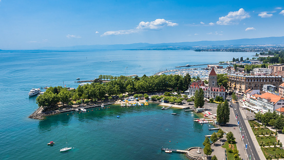 Aerial view of Leman lake -  Lausanne city in Switzerland