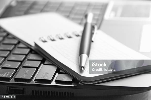 Computer With Notebook And A Pen Stock Photo - Download Image Now - Ballpoint Pen, Black Color, Blank