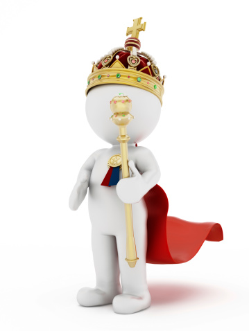 Simple white 3D character wearing a crown and holding a scepter.