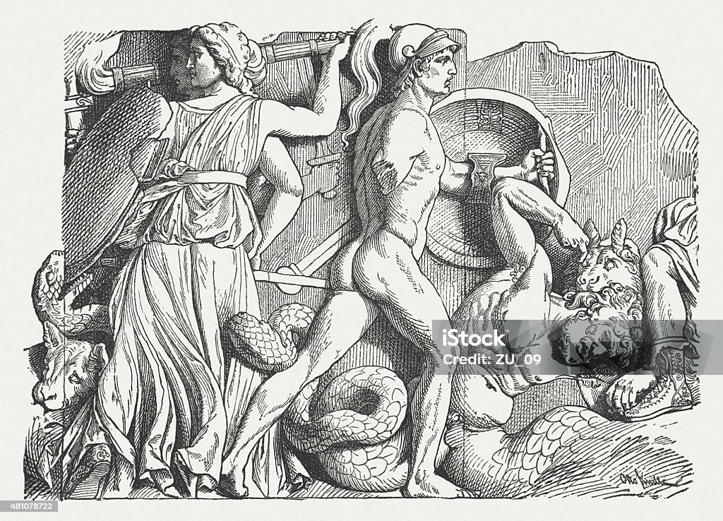 Relief from Pergamon Altar, published in 1881 Hecate fights against Clytius (left); Artemis against Otos (right). Relief from the Pergamon Altar, Berlin Museum. Wood engraving, published in 1881. Pergamon Altar stock illustration