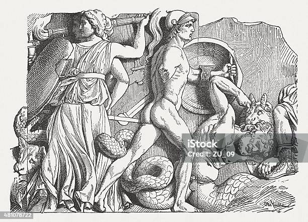 Relief From Pergamon Altar Published In 1881 Stock Illustration - Download Image Now - Pergamon Altar, Artemis - Goddess, Altar