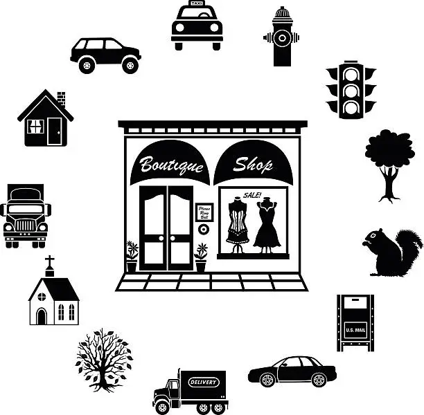 Vector illustration of fashion boutique icon with suburben or urban theme circular border