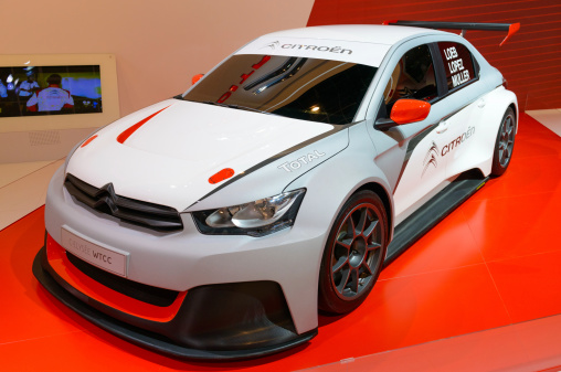 Brussels, Belgium - January 14, 2014: Citroen C Elysee WTCC racecar on display at the 2014 Brussels motor show. Citroen will participate in the 2014 FIA World Touring Championship with racing drivers Sebastien Loeb, Yvan Muller and Jose Maria Lopez.