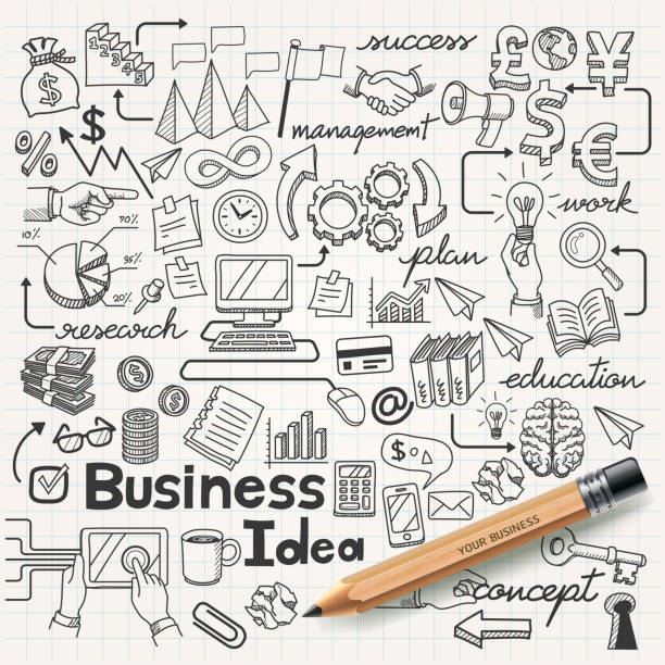 business konzept und kritzeleien icons set. - zeichnung grafiken stock-grafiken, -clipart, -cartoons und -symbole