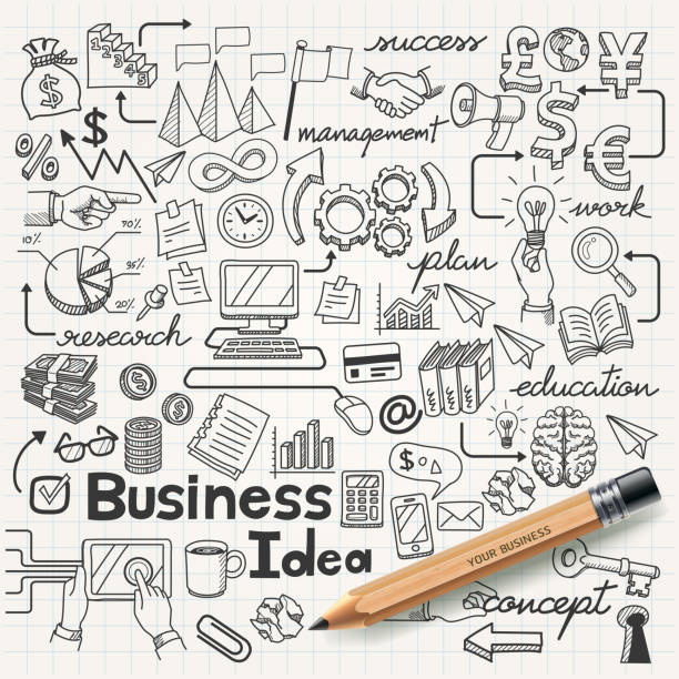 ilustraciones, imágenes clip art, dibujos animados e iconos de stock de conjunto de iconos de concepto de negocio garabatos. - creative cerebro signo de símbolo de llave
