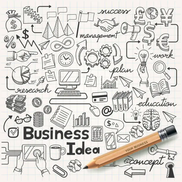 Vector illustration of Business Idea doodles icons set.