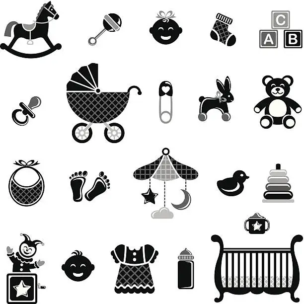Vector illustration of Black & White Baby Icon Set