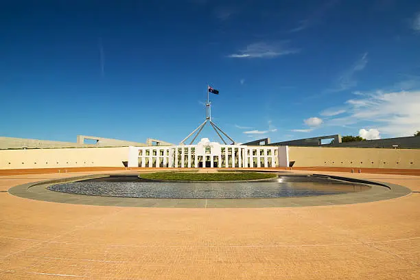 Wide-angle shot of Parliament House in Canberra, Australia.