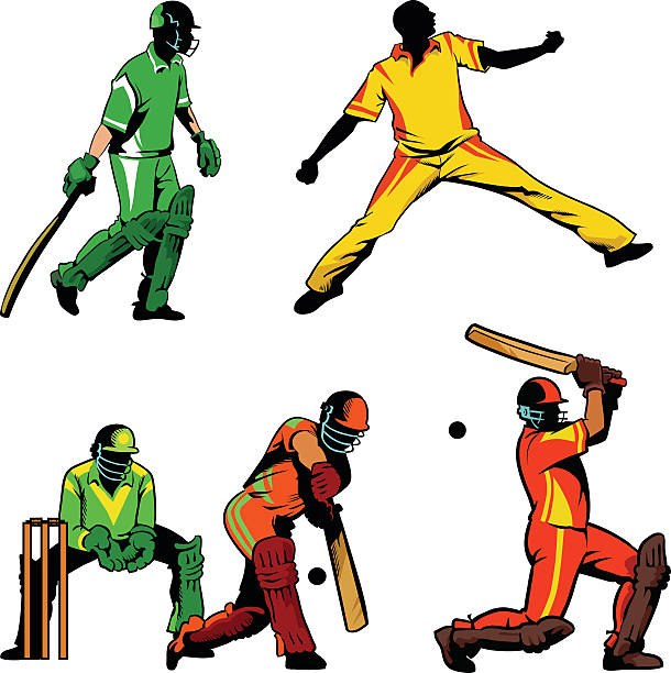 illustrazioni stock, clip art, cartoni animati e icone di tendenza di insieme di giocatori di cricket in linea e colore - battitore del cricket