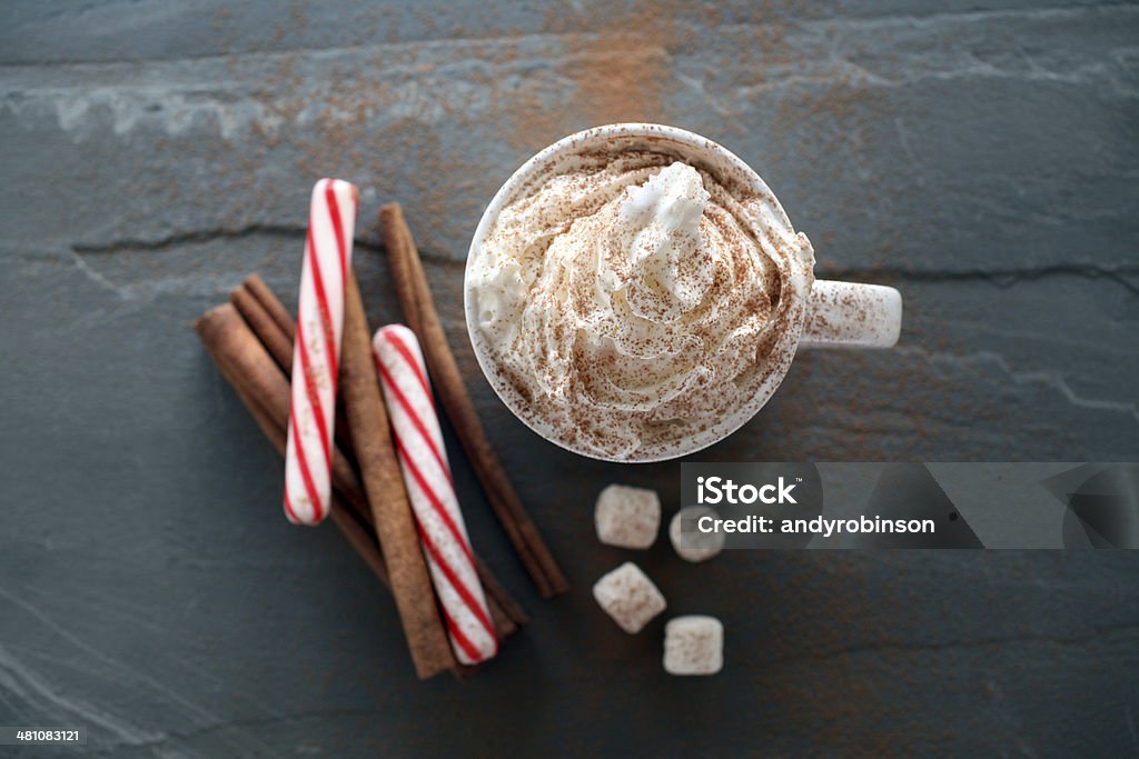 Hot chocolate Hot chocolate on slate Peppermint Stock Photo