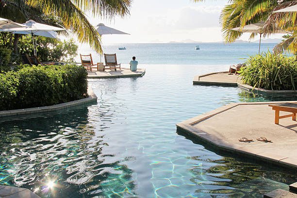 man sitting by infinity pool at beach resort in Fiji