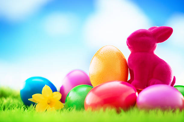 istock Easter bunny and eggs on meadow with cloudy sky background 481086339