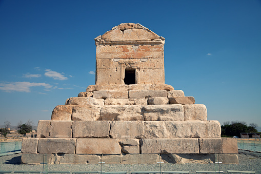 Tomb of Cyrus The Great against blue sky in Pasargadae county, near Shiraz.
