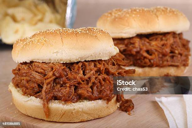 Pulled Pork Sandwichs Stock Photo - Download Image Now - Barbecue - Meal, Bun - Bread, Close-up