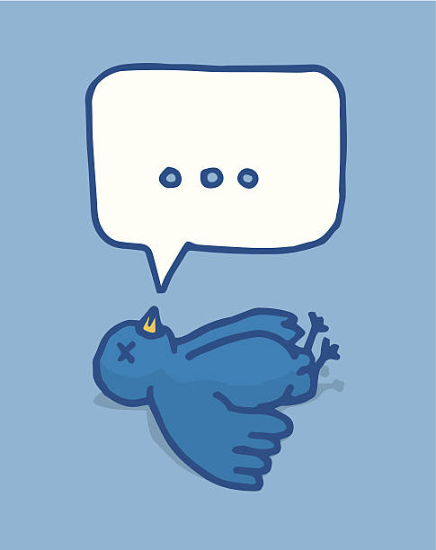 Social media bird lying dead Cartoon illustration of a blue bird lying in the ground with a blank speech bubble dead bird stock illustrations