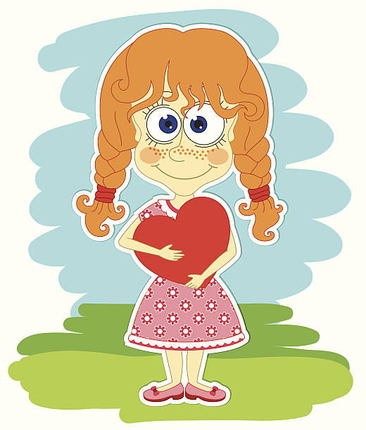 Funny girl with heart in her hands Funny redhead girl in beautiful dress is keeping big red heart in her hands free thanksgiving pic stock illustrations