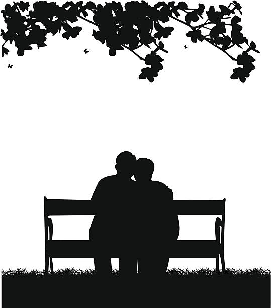 schöne ehemaliger älteres ehepaar sitzt auf einer bank im garten - bench park park bench silhouette stock-grafiken, -clipart, -cartoons und -symbole