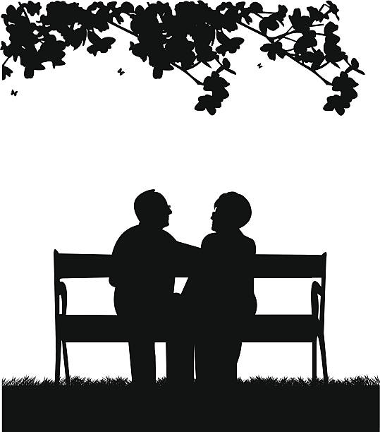 Lovely retired elderly couple sitting on bench in park Lovely retired elderly couple sitting on bench in park or garden, one in the series of similar images silhouette park bench vector stock illustrations